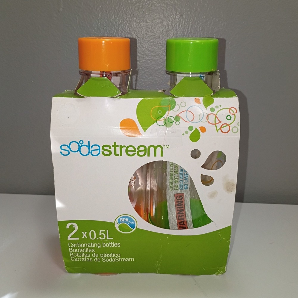 SodaStream .5 Liter 1/2 L Carbonating Bottles ~ Orange & Green New Set